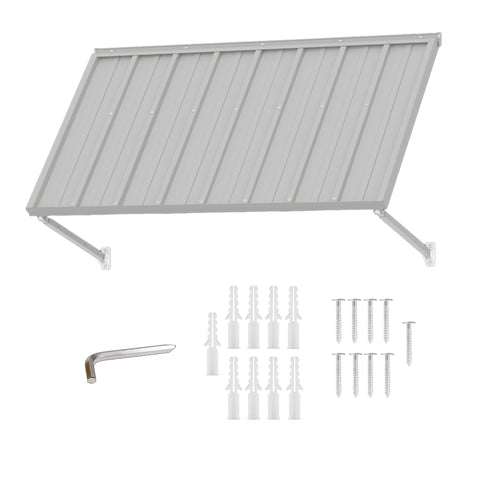 Kozyard 55 inch metal awning product display featuring a wide corrugated metal roof canopy, two adjustable support arms, and included installation accessories. The package includes mounting screws, expansion anchors, and an installation tool for wall mounting. Designed for residential outdoor applications, this 4.6 FT exterior awning provides practical overhead shade and rain protection for wide windows, front doors, side entrances, utility meters, porch areas, balcony doors, and backyard access points.