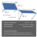 Detailed dimensions and package contents for the Kozyard 68-inch metal door awning (model KZAWNM68BL). The infographic shows two diagrams with specific measurements: 68” width, 43 5/16” depth (slope), and an adjustable height of 30 5/8” to 42 1/8”. It also lists sunshade area (approx. 28 sq. ft.), powder-coated iron material, and include installation hardware like screws and tools.