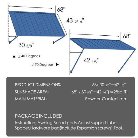 Detailed dimensions and package contents for the Kozyard 68-inch metal door awning (model KZAWNM68BL). The infographic shows two diagrams with specific measurements: 68” width, 43 5/16” depth (slope), and an adjustable height of 30 5/8” to 42 1/8”. It also lists sunshade area (approx. 28 sq. ft.), powder-coated iron material, and include installation hardware like screws and tools.
