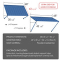 Kozyard 68" metal window awning product dimension chart and technical specifications overview. The detailed blueprint display highlights a 43-5/16 inch depth, a total sunshade area covering approximately 28 square feet, and flexible 40 to 70-degree installation angles. Constructed from heavy-duty powder-coated iron material for rust resistance and maximum durability, this infographic listing image showcases the full package content list, assembly hardware parts, and clear setup guide.