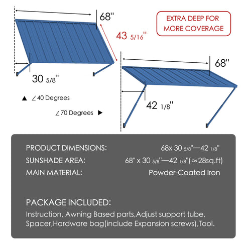 Kozyard 68" metal window awning product dimension chart and technical specifications overview. The detailed blueprint display highlights a 43-5/16 inch depth, a total sunshade area covering approximately 28 square feet, and flexible 40 to 70-degree installation angles. Constructed from heavy-duty powder-coated iron material for rust resistance and maximum durability, this infographic listing image showcases the full package content list, assembly hardware parts, and clear setup guide.