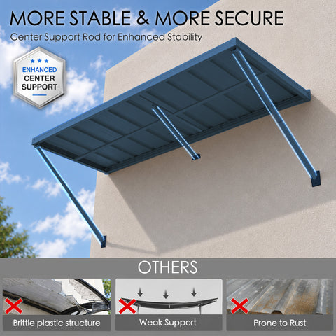 Features of the Kozyard metal door canopy emphasizing enhanced stability. This image highlights the central support rod for a more secure and stable structure, explicitly labeled with an “Enhanced Center Support” badge. The bottom section provides a visual comparison against other awnings, showing issues like brittle plastic, weak support, and prone to rust, contrasting the durability of the Kozyard design.