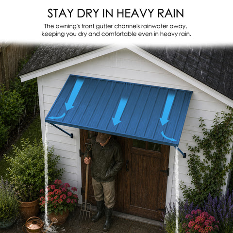 Illustration of the effective water drainage system on the Kozyard metal door awning. Under the heading “STAY DRY IN HEAVY RAIN,” blue arrows indicate how front gutter channels efficiently divert rainwater away to the sides, keeping the area below dry. A person is shown comfortably standing under the awning with a shovel next to a door, demonstrating practical use in wet weather.