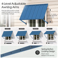 Detailed guide to the 4-level adjustable awning arms on the Kozyard window and door canopy. It showcases four distinct angle positions for customized sunshade coverage, from more open to steeper angles, with a small icon showing relative sun exposure. A close-up view explains the “Spring-Button Locking Design,” demonstrating how easily users can press to adjust and release to lock the desired angle securely.