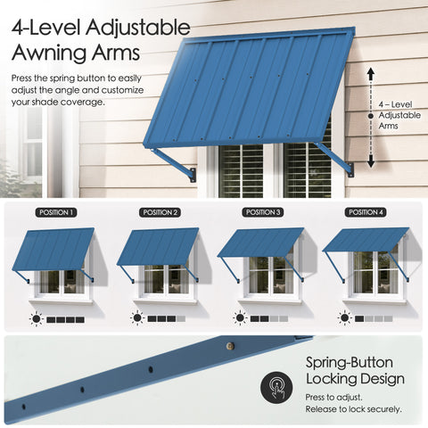 Detailed guide to the 4-level adjustable awning arms on the Kozyard window and door canopy. It showcases four distinct angle positions for customized sunshade coverage, from more open to steeper angles, with a small icon showing relative sun exposure. A close-up view explains the “Spring-Button Locking Design,” demonstrating how easily users can press to adjust and release to lock the desired angle securely.