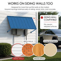 Kozyard metal awning wall compatibility diagram showcasing easy installation on multiple siding surfaces like brick walls, concrete walls, and wood walls. The outdoor application picture features the dark gray canopy mounted securely next to a driveway parking space with a Tesla Cybertruck. The complete kit package includes high-quality stainless steel screws and heavy-duty wall anchors, guaranteeing a straightforward DIY installation process over utility meters or side garage doors.