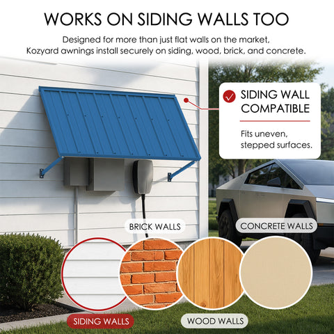 Kozyard metal awning wall compatibility diagram showcasing easy installation on multiple siding surfaces like brick walls, concrete walls, and wood walls. The outdoor application picture features the dark gray canopy mounted securely next to a driveway parking space with a Tesla Cybertruck. The complete kit package includes high-quality stainless steel screws and heavy-duty wall anchors, guaranteeing a straightforward DIY installation process over utility meters or side garage doors.