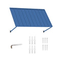 Product components and hardware included with the Kozyard 68-inch blue door awning kit (KZAWNM68BL). The main image shows the metal awning panel with its support arms fully assembled against a plain background. Below it, the included installation hardware is clearly laid out: one hex wrench (Allen key), eight white plastic wall anchors, and eight stainless steel screws, showcasing everything needed for setup.