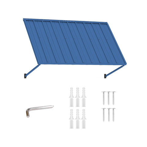 Product components and hardware included with the Kozyard 68-inch blue door awning kit (KZAWNM68BL). The main image shows the metal awning panel with its support arms fully assembled against a plain background. Below it, the included installation hardware is clearly laid out: one hex wrench (Allen key), eight white plastic wall anchors, and eight stainless steel screws, showcasing everything needed for setup.