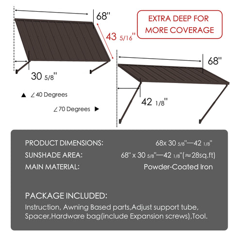 Kozyard Adjustable Window Awning – 4-Level Angle Adjustment, Powder-Coated Iron Door Canopy, All-Weather Rain, Snow & UV Protection