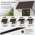Kozyard adjustable metal awning featuring 4-level awning arms with spring-button locking for customized shade angles and coverage. This brown wall mounted outdoor canopy can be positioned at multiple projections to block sun and protect windows, doors, storefronts and patios. Durable fixed awning design offers flexible residential or commercial shade with secure adjustable support arms.