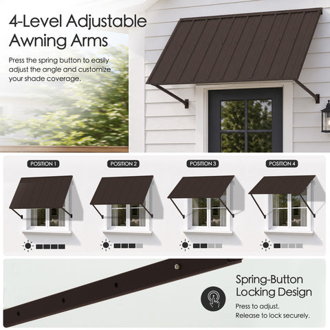 Kozyard adjustable metal awning featuring 4-level awning arms with spring-button locking for customized shade angles and coverage. This brown wall mounted outdoor canopy can be positioned at multiple projections to block sun and protect windows, doors, storefronts and patios. Durable fixed awning design offers flexible residential or commercial shade with secure adjustable support arms.