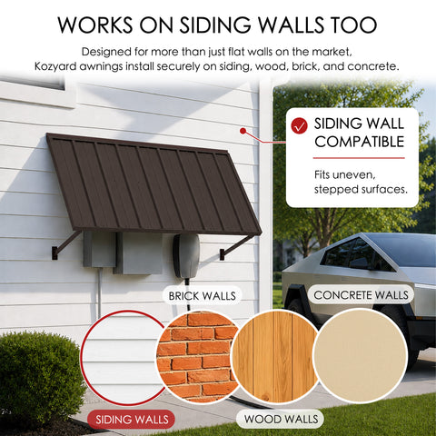 Kozyard wall mounted metal awning compatible with siding, brick, wood and concrete walls, making it suitable for a wide range of residential and commercial installations. The brown outdoor canopy provides sun shade and weather protection over windows, doors, storefronts, patios and entrances, while the mounting design accommodates uneven or stepped siding surfaces for versatile exterior use.