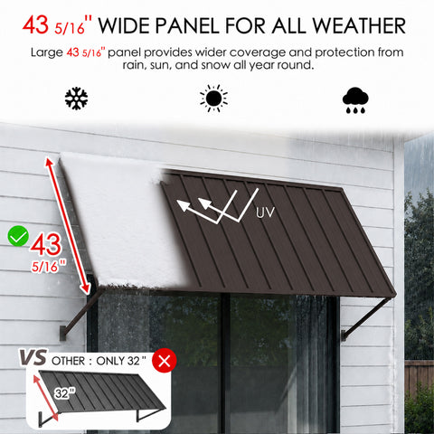 Kozyard 43 5/16 inch deep brown metal awning designed for wider all-weather coverage and year-round protection from sun, rain and snow. This extra-deep wall mounted outdoor canopy offers enhanced shade and UV protection compared with shallower awnings, making it ideal for windows, doors, patios, entrances and storefronts in residential or commercial exterior spaces.