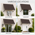 Kozyard brown metal awning for multiple outdoor applications including equipment covers, commercial storefront facades, backyard doors and garage entrances. This durable wall mounted fixed canopy provides sun shade, rain protection and exterior coverage for residential and commercial spaces, making it a versatile outdoor awning solution for windows, doors, patios, utility areas and business entrances.