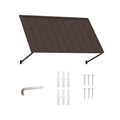 Kozyard brown wall mounted metal awning shown with installation hardware, expansion anchors, screws and assembly tool. This durable fixed outdoor canopy features a wide ribbed metal panel and adjustable support arms for doors, windows, patios, storefronts and commercial entrances. Powder-coated construction provides dependable exterior shade and weather protection for residential and business applications.