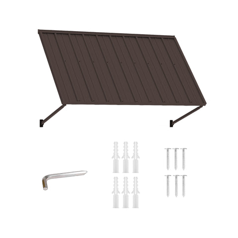 Kozyard brown wall mounted metal awning shown with installation hardware, expansion anchors, screws and assembly tool. This durable fixed outdoor canopy features a wide ribbed metal panel and adjustable support arms for doors, windows, patios, storefronts and commercial entrances. Powder-coated construction provides dependable exterior shade and weather protection for residential and business applications.