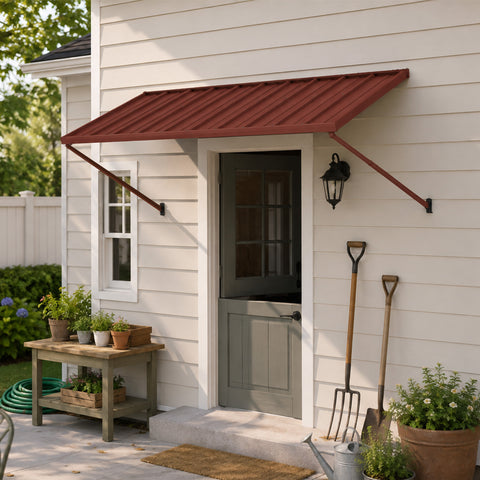 Kozyard 68 inch metal awning provides durable outdoor shade and weather protection for doors, windows, storefronts, cafes and commercial entrances. This brown wall-mounted fixed awning features a modern metal roof panel with sturdy support arms, creating reliable coverage from sun and rain while enhancing exterior curb appeal. Ideal as a commercial awning, door awning, window awning, storefront canopy, patio awning, entrance cover, rain shelter and outdoor sun shade for homes, restaurants and businesses.