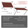 Kozyard 68" metal window awning product dimension chart and technical specifications overview. The detailed blueprint display highlights a 43-5/16 inch depth, a total sunshade area covering approximately 28 square feet, and flexible 40 to 70-degree installation angles. Constructed from heavy-duty powder-coated iron material for rust resistance and maximum durability, this infographic listing image showcases the full package content list, assembly hardware parts, and clear setup guide.