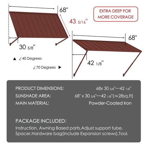 Kozyard 68" metal window awning product dimension chart and technical specifications overview. The detailed blueprint display highlights a 43-5/16 inch depth, a total sunshade area covering approximately 28 square feet, and flexible 40 to 70-degree installation angles. Constructed from heavy-duty powder-coated iron material for rust resistance and maximum durability, this infographic listing image showcases the full package content list, assembly hardware parts, and clear setup guide.