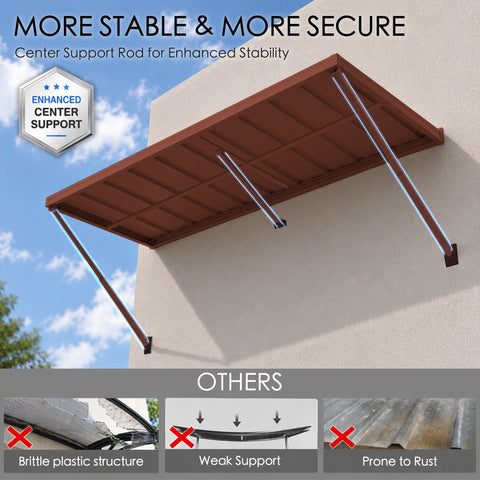 Kozyard metal awning features enhanced center support rods for improved stability, strength and secure wall-mounted performance. The reinforced metal construction helps support the wide awning roof while avoiding common problems associated with brittle plastic structures, weak supports and rust-prone materials. Designed for dependable outdoor use, this heavy duty fixed awning is ideal as a door canopy, window awning, patio awning, storefront cover, commercial awning, rain shelter and exterior sun shade for 