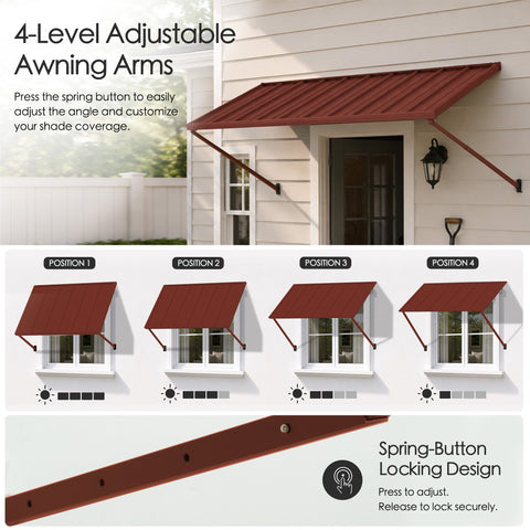 Kozyard metal awning features 4-level adjustable support arms with a convenient spring-button locking design, allowing users to change the awning angle and customize shade coverage for different sun conditions. Press to adjust and release to securely lock the support arms into position. This versatile wall-mounted outdoor awning is ideal as a door awning, window canopy, patio awning, storefront sun shade, commercial awning, entrance cover and adjustable rain shelter for residential and business exterior spa