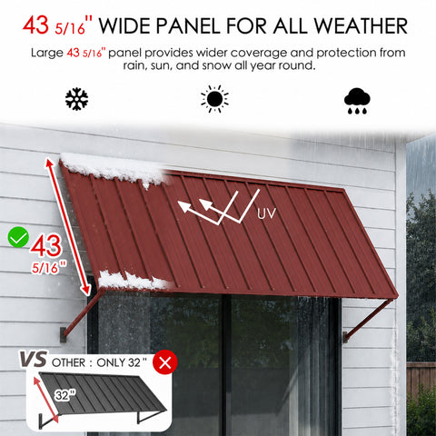 Kozyard 68 inch metal awning features an extra-wide 43 5/16 inch roof panel for expanded outdoor coverage and dependable year-round protection from sun, rain and snow. The wide metal canopy provides greater projection than many standard 32-inch awnings while helping shield doors, windows and entrances from UV exposure and changing weather. Ideal as an all weather awning, door canopy, window awning, patio cover, storefront awning, commercial entrance canopy, rain shelter and outdoor sun shade.