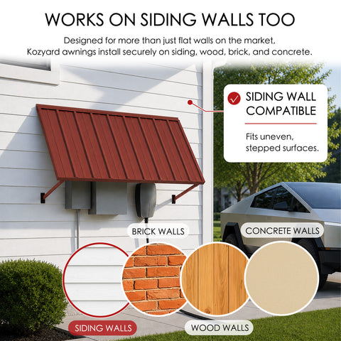 Kozyard metal awning wall compatibility diagram showcasing easy installation on multiple siding surfaces like brick walls, concrete walls, and wood walls. The outdoor application picture features the dark gray canopy mounted securely next to a driveway parking space with a Tesla Cybertruck. The complete kit package includes high-quality stainless steel screws and heavy-duty wall anchors, guaranteeing a straightforward DIY installation process over utility meters or side garage doors.