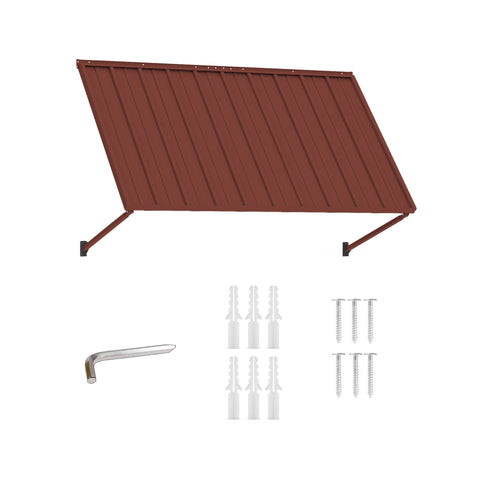 Kozyard 68 inch metal awning includes a wide brown metal canopy, adjustable support arms and essential mounting hardware for secure wall installation. The package includes wall anchors, screws and installation tool components for mounting the fixed outdoor awning above doors, windows, storefronts or exterior spaces. Designed for residential and commercial use, this metal door awning is ideal as a window canopy, patio awning, storefront cover, entrance shelter, rain cover, sun shade and all weather outdoor 
