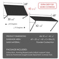 Kozyard 68" metal window awning product dimension chart and technical specifications overview. The detailed blueprint display highlights a 43-5/16 inch depth, a total sunshade area covering approximately 28 square feet, and flexible 40 to 70-degree installation angles. Constructed from heavy-duty powder-coated iron material for rust resistance and maximum durability, this infographic listing image showcases the full package content list, assembly hardware parts, and clear setup guide.