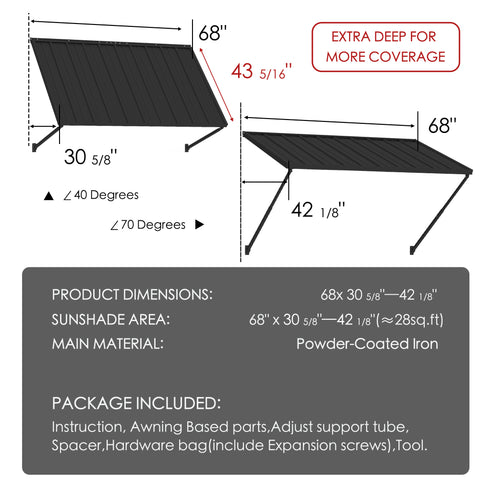 Kozyard 68" metal window awning product dimension chart and technical specifications overview. The detailed blueprint display highlights a 43-5/16 inch depth, a total sunshade area covering approximately 28 square feet, and flexible 40 to 70-degree installation angles. Constructed from heavy-duty powder-coated iron material for rust resistance and maximum durability, this infographic listing image showcases the full package content list, assembly hardware parts, and clear setup guide.