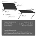 Kozyard 68" metal window awning product dimension chart and technical specifications overview. The detailed blueprint display highlights a 43-5/16 inch depth, a total sunshade area covering approximately 28 square feet, and flexible 40 to 70-degree installation angles. Constructed from heavy-duty powder-coated iron material for rust resistance and maximum durability, this infographic listing image showcases the full package content list, assembly hardware parts, and clear setup guide.