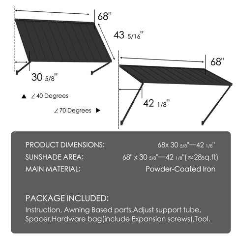Kozyard 68" metal window awning product dimension chart and technical specifications overview. The detailed blueprint display highlights a 43-5/16 inch depth, a total sunshade area covering approximately 28 square feet, and flexible 40 to 70-degree installation angles. Constructed from heavy-duty powder-coated iron material for rust resistance and maximum durability, this infographic listing image showcases the full package content list, assembly hardware parts, and clear setup guide.