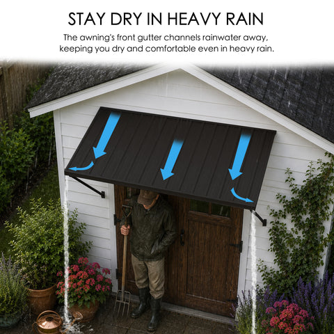 Kozyard exterior door awning highlighting the functional stay dry in heavy rain gutter drainage system channel. The educational graphic shows blue arrows indicating efficient rainwater diversion, routing downpours away from the main front entrance to keep the porch patio walkway completely dry. Perfect for storms, winter blizzards, and rainy seasons, this protective corrugated metal canopy cover shields homeowners, gardeners, and door hardware from water damage and moisture leaks.