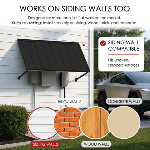 Kozyard metal awning wall compatibility diagram showcasing easy installation on multiple siding surfaces like brick walls, concrete walls, and wood walls. The outdoor application picture features the dark gray canopy mounted securely next to a driveway parking space with a Tesla Cybertruck. The complete kit package includes high-quality stainless steel screws and heavy-duty wall anchors, guaranteeing a straightforward DIY installation process over utility meters or side garage doors.