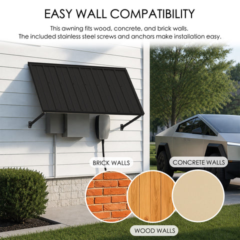 Kozyard metal awning wall compatibility diagram showcasing easy installation on multiple siding surfaces like brick walls, concrete walls, and wood walls. The outdoor application picture features the dark gray canopy mounted securely next to a driveway parking space with a Tesla Cybertruck. The complete kit package includes high-quality stainless steel screws and heavy-duty wall anchors, guaranteeing a straightforward DIY installation process over utility meters or side garage doors.