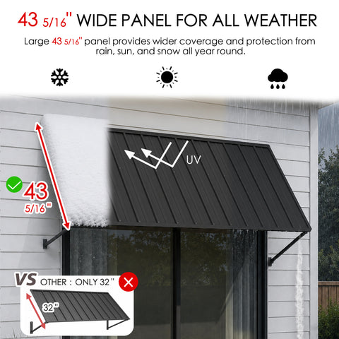 Kozyard 43 5/16-inch wide outdoor window awning with durable metal panel, designed for all-weather protection from rain, snow, sun, and UV rays. The extra-wide patio door and window canopy provides greater coverage than standard 32-inch awnings, helping shield exterior doors and windows year-round. Stylish, sturdy Kozyard awning for homes, patios, porches, entryways, and outdoor living spaces.