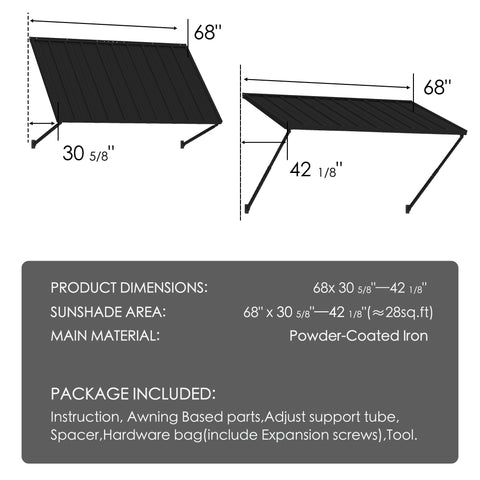 kozyard 95-Inch Adjustable Awning, 39 Sq. Ft. Sunshade Area, Powder-Coated Iron Patio Canopy, 4-Level Extension Options, All-Weather Outdoor Door & Window Cover
