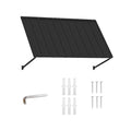 Kozyard door awning canopy package content breakdown showcasing all components included in the box for quick setup. The clean studio unboxing layout displays the main black corrugated metal awning roof, two adjustable support brackets, heavy-duty wall anchors, premium stainless steel mounting screws, and a handy hex allen wrench tool. This comprehensive DIY hardware kit ensures homeowners have everything necessary for a hassle-free, secure wall mounting installation.