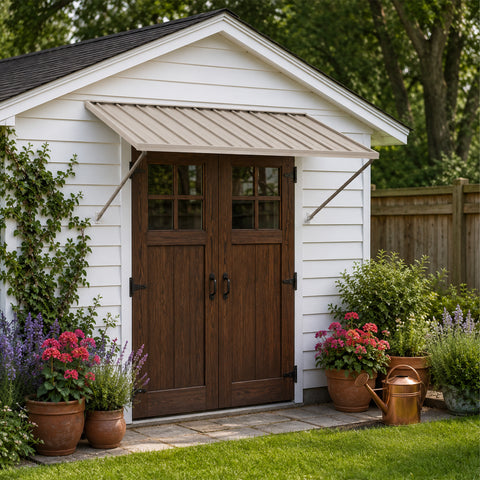 Kozyard 68 inch black metal door awning canopy installed over rustic wooden double doors of a white garden storage shed building. This heavy-duty outdoor patio overhang provides premium weather protection, sun shade shelter, and rain defense for the backyard entryway. The modern corrugated steel design blends seamlessly with traditional vertical siding, making it the perfect addition for residential houses, cabins, workshops, or exterior porch doors requiring a durable rain cover roof.