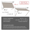 Kozyard 68" metal window awning product dimension chart and technical specifications overview. The detailed blueprint display highlights a 43-5/16 inch depth, a total sunshade area covering approximately 28 square feet, and flexible 40 to 70-degree installation angles. Constructed from heavy-duty powder-coated iron material for rust resistance and maximum durability, this infographic listing image showcases the full package content list, assembly hardware parts, and clear setup guide.