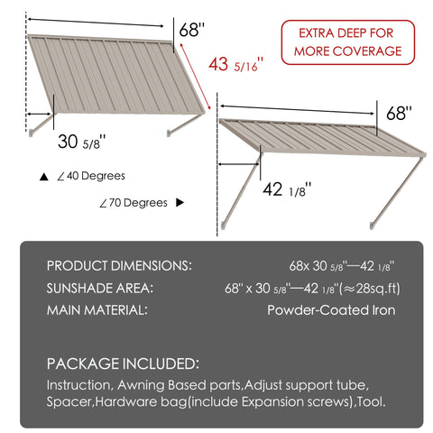Kozyard 68" metal window awning product dimension chart and technical specifications overview. The detailed blueprint display highlights a 43-5/16 inch depth, a total sunshade area covering approximately 28 square feet, and flexible 40 to 70-degree installation angles. Constructed from heavy-duty powder-coated iron material for rust resistance and maximum durability, this infographic listing image showcases the full package content list, assembly hardware parts, and clear setup guide.