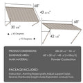 Kozyard 68" metal window awning product dimension chart and technical specifications overview. The detailed blueprint display highlights a 43-5/16 inch depth, a total sunshade area covering approximately 28 square feet, and flexible 40 to 70-degree installation angles. Constructed from heavy-duty powder-coated iron material for rust resistance and maximum durability, this infographic listing image showcases the full package content list, assembly hardware parts, and clear setup guide.