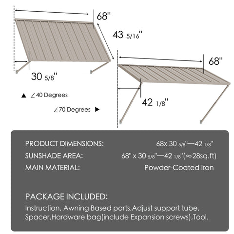 Kozyard 68" metal window awning product dimension chart and technical specifications overview. The detailed blueprint display highlights a 43-5/16 inch depth, a total sunshade area covering approximately 28 square feet, and flexible 40 to 70-degree installation angles. Constructed from heavy-duty powder-coated iron material for rust resistance and maximum durability, this infographic listing image showcases the full package content list, assembly hardware parts, and clear setup guide.