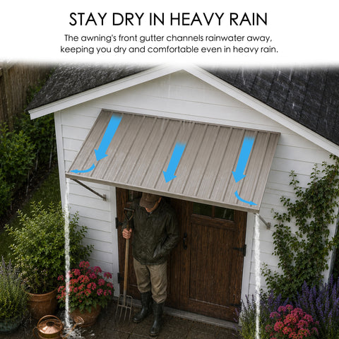 Kozyard exterior door awning highlighting the functional stay dry in heavy rain gutter drainage system channel. The educational graphic shows blue arrows indicating efficient rainwater diversion, routing downpours away from the main front entrance to keep the porch patio walkway completely dry. Perfect for storms, winter blizzards, and rainy seasons, this protective corrugated metal canopy cover shields homeowners, gardeners, and door hardware from water damage and moisture leaks.