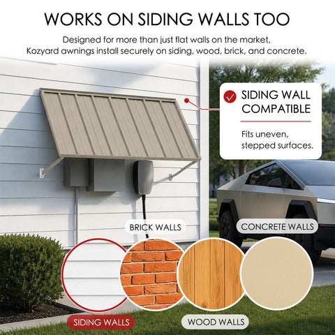 Kozyard metal awning wall compatibility diagram showcasing easy installation on multiple siding surfaces like brick walls, concrete walls, and wood walls. The outdoor application picture features the dark gray canopy mounted securely next to a driveway parking space with a Tesla Cybertruck. The complete kit package includes high-quality stainless steel screws and heavy-duty wall anchors, guaranteeing a straightforward DIY installation process over utility meters or side garage doors.