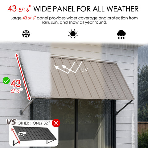 Kozyard 43 5/16-inch wide outdoor window awning with durable metal panel, designed for all-weather protection from rain, snow, sun, and UV rays. The extra-wide patio door and window canopy provides greater coverage than standard 32-inch awnings, helping shield exterior doors and windows year-round. Stylish, sturdy Kozyard awning for homes, patios, porches, entryways, and outdoor living spaces.