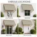 Kozyard 68 inch black iron awning multi-location application display demonstrating versatile residential use cases. The four-panel collage showcases the durable outdoor metal shelter installed across various setups: protecting electrical utility meters from water damage, covering bedroom windows from harsh sunlight, shading an apartment balcony porch railing, and shielding a white front entryway door. It is the ideal multi-purpose overhead canopy solution for any home improvement project.