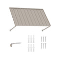 Kozyard door awning canopy package content breakdown showcasing all components included in the box for quick setup. The clean studio unboxing layout displays the main black corrugated metal awning roof, two adjustable support brackets, heavy-duty wall anchors, premium stainless steel mounting screws, and a handy hex allen wrench tool. This comprehensive DIY hardware kit ensures homeowners have everything necessary for a hassle-free, secure wall mounting installation.