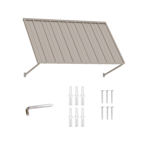 Kozyard door awning canopy package content breakdown showcasing all components included in the box for quick setup. The clean studio unboxing layout displays the main black corrugated metal awning roof, two adjustable support brackets, heavy-duty wall anchors, premium stainless steel mounting screws, and a handy hex allen wrench tool. This comprehensive DIY hardware kit ensures homeowners have everything necessary for a hassle-free, secure wall mounting installation.